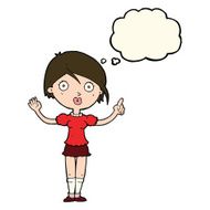 cartoon girl asking question with thought bubble N8