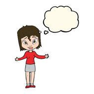 cartoon woman shrugging shoulders with thought bubble N314