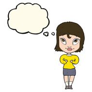 cartoon woman gesturing at self with thought bubble N19