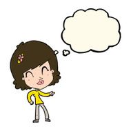 cartoon happy woman pointing with thought bubble N43