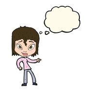 cartoon relaxed woman pointing with thought bubble N8