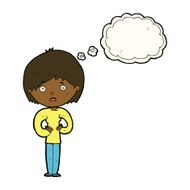 cartoon woman making Who Me? gesture with thought bubble N28
