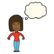 cartoon woman shrugging shoulders with thought bubble N315