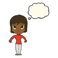 cartoon woman shrugging shoulders with thought bubble N317