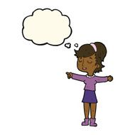 cartoon happy woman pointing with thought bubble N44