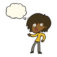 cartoon surprised woman pointing with thought bubble N7