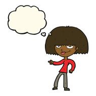 cartoon happy woman pointing with thought bubble N45