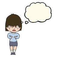 cartoon woman making Who Me? gesture with thought bubble N29