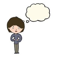 cartoon woman making Who Me? gesture with thought bubble N30