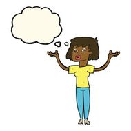 cartoon woman holding up hands with thought bubble N12