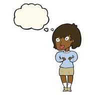 cartoon woman making Who Me? gesture with thought bubble N31