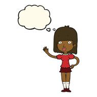 cartoon woman waving with thought bubble N236