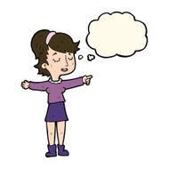 cartoon happy woman pointing with thought bubble N46