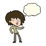 cartoon surprised woman pointing with thought bubble N8