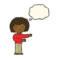 cartoon woman gesturing welcome with thought bubble N7