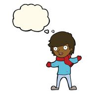 cartoon boy in winter clothes with thought bubble N6