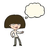 cartoon happy woman pointing with thought bubble N47