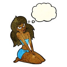 cartoon woman in skimpy clothing with thought bubble N4