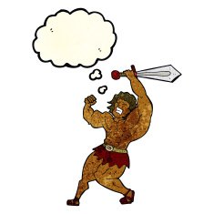 cartoon barbarian hero with thought bubble N3