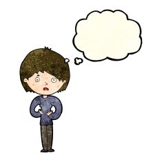 cartoon woman making Who Me? gesture with thought bubble N17