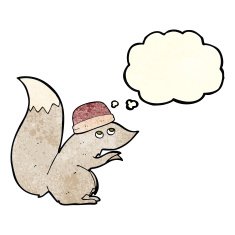 cartoon squirrel wearing hat with thought bubble N2
