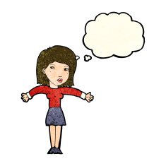 cartoon woman shrugging shoulders with thought bubble N187