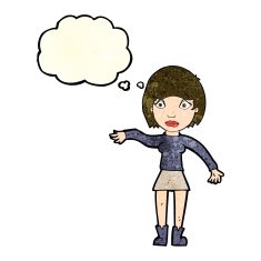 cartoon surprised woman with thought bubble N95