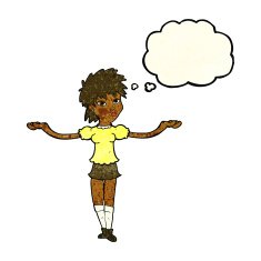 cartoon woman shrugging shoulders with thought bubble N188