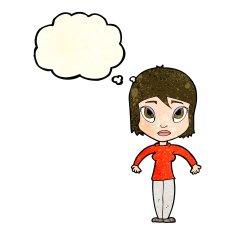 cartoon woman shrugging shoulders with thought bubble N189