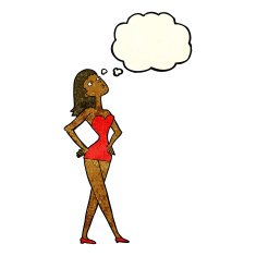 cartoon woman in party dress with thought bubble N4