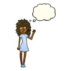 cartoon happy woman waving with thought bubble N4