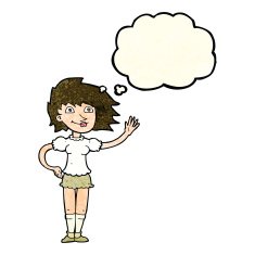 cartoon woman waving with thought bubble N131