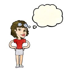 cartoon retro pilot woman with thought bubble N4