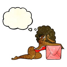 cartoon pin up woman with box thought bubble N4