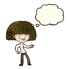 cartoon happy woman pointing with thought bubble N27