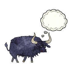 cartoon annoyed hairy ox with thought bubble N2