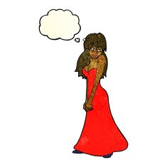 cartoon pretty woman in dress with thought bubble N20