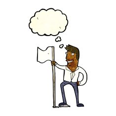 cartoon man planting flag with thought bubble N4