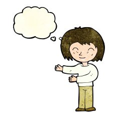 cartoon woman gesturing welcome with thought bubble N4