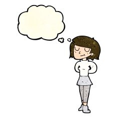 cartoon pleased woman with thought bubble N4