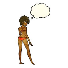 cartoon woman in bikini with thought bubble N23