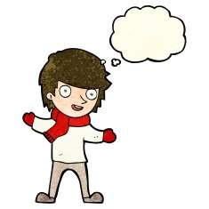 cartoon boy in winter clothes with thought bubble N3