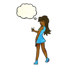 cartoon woman posing in dress with thought bubble N15