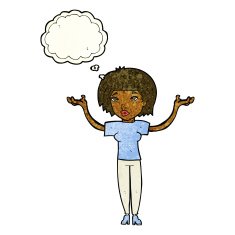 cartoon woman shrugging shoulders with thought bubble N194
