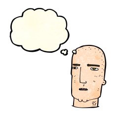 cartoon bald tough guy with thought bubble N7
