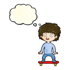 cartoon boy on skateboard with thought bubble N4