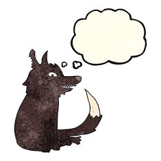 cartoon wolf sitting with thought bubble