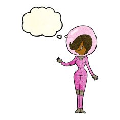 cartoon space woman with thought bubble N12