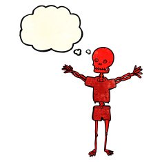 cartoon skeleton in clothes with thought bubble N4