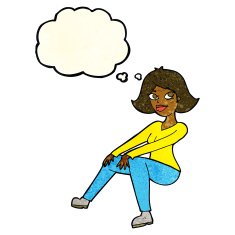 cartoon happy woman sitting with thought bubble N7